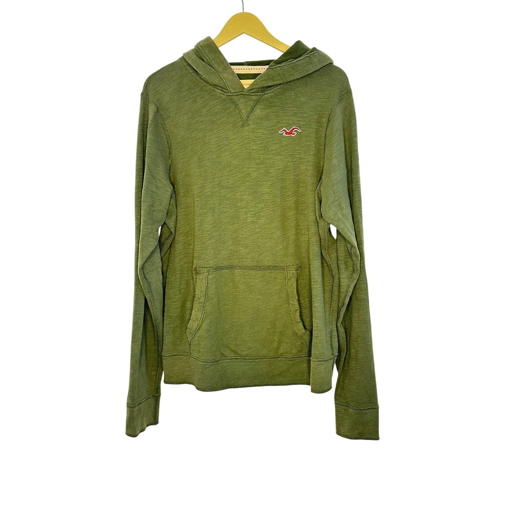 Hollister Mens XL Olive Green Slub Knit‎ Pullover Hoodie Seagull Logo